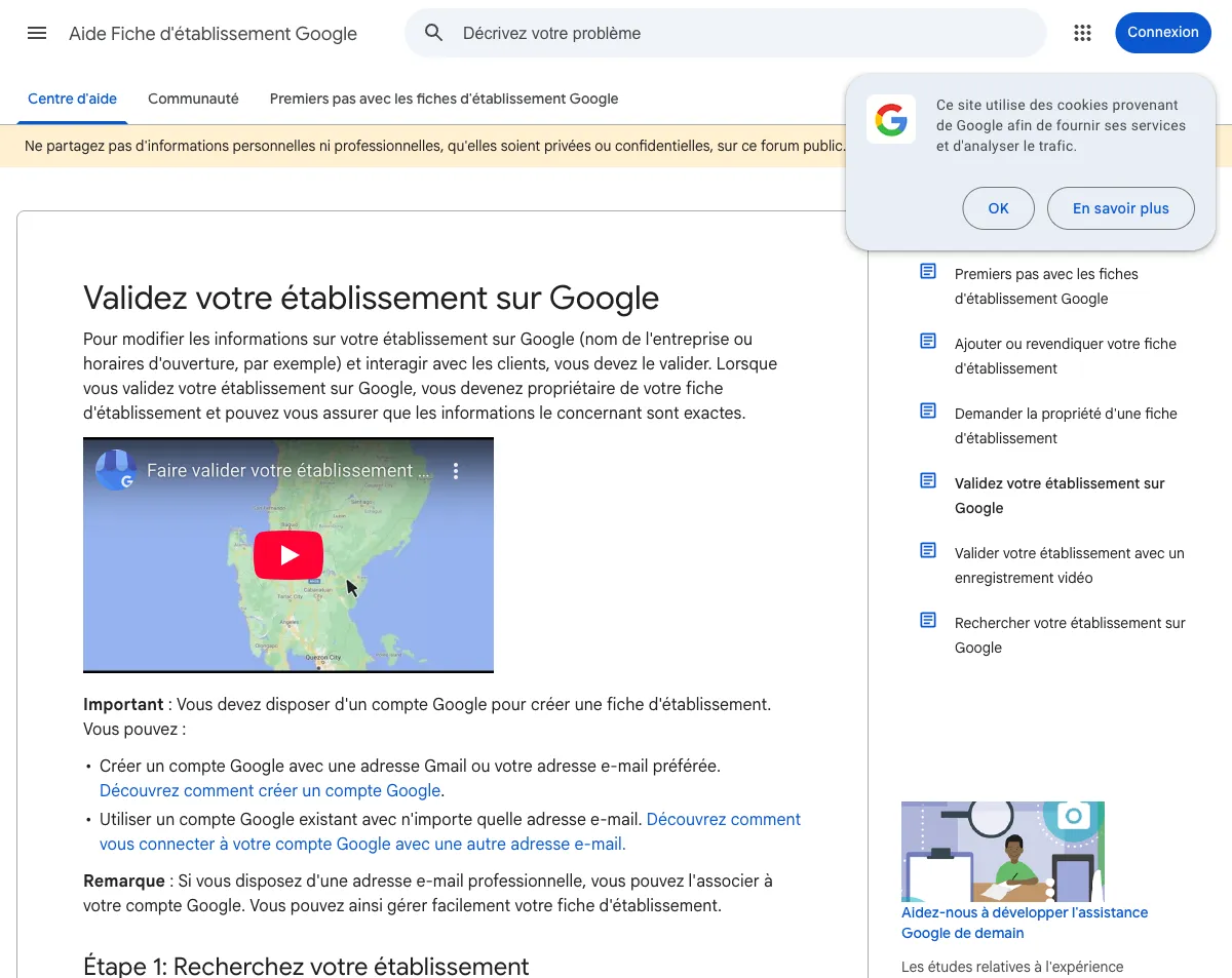 Page d'aide Google expliquant les étapes de validation d'une fiche d'établissement