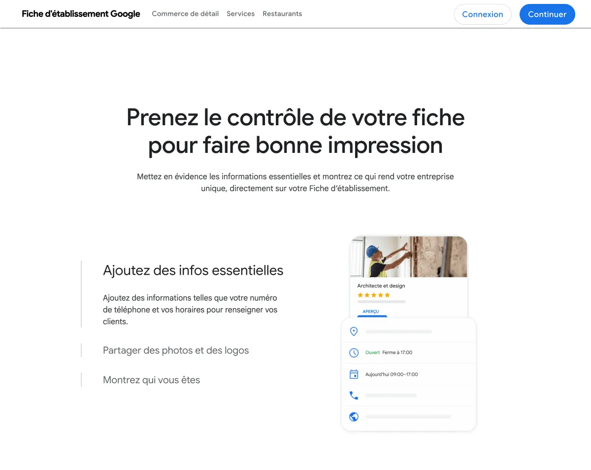 Page d'accueil Google Business Profile montrant les options de personnalisation de la fiche