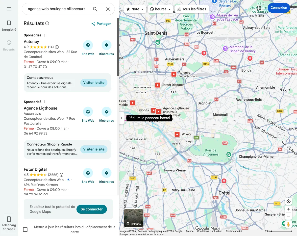 Résultat de recherche Google Maps montrant des fiches d'agences web à Boulogne-Billancourt